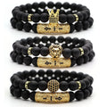 Classic Black Beads 2pc/Set Natural Glass Stone Bracelet with Pave CZ 8mm Disco Ball Charms Men and Women's Gold Jewelry Gift