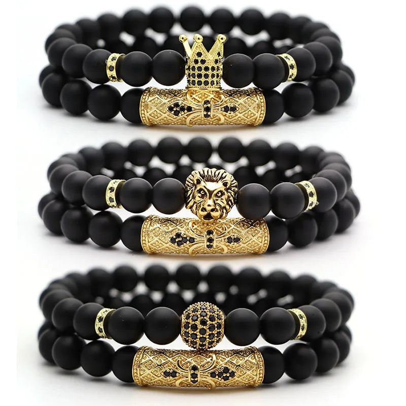 Classic Black Beads 2pc/Set Natural Glass Stone Bracelet with Pave CZ 8mm Disco Ball Charms Men and Women's Gold Jewelry Gift