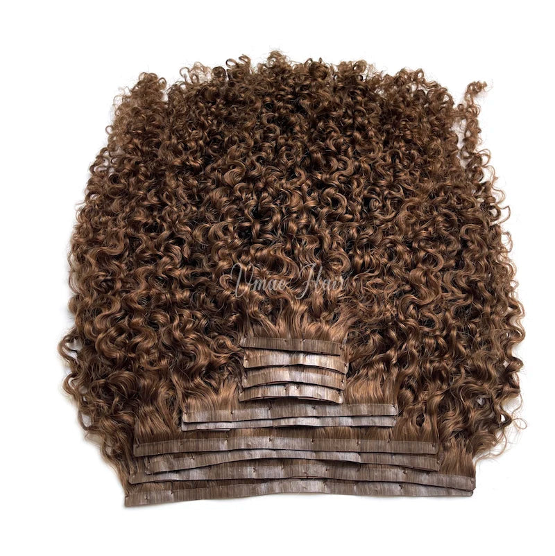 VMAE Seamless Clip Ins Deep Curly Brown #4 Invisible PU Clip-ins  Exotic Kinky Curly Defined Curl Human Virgin Hair Extensions