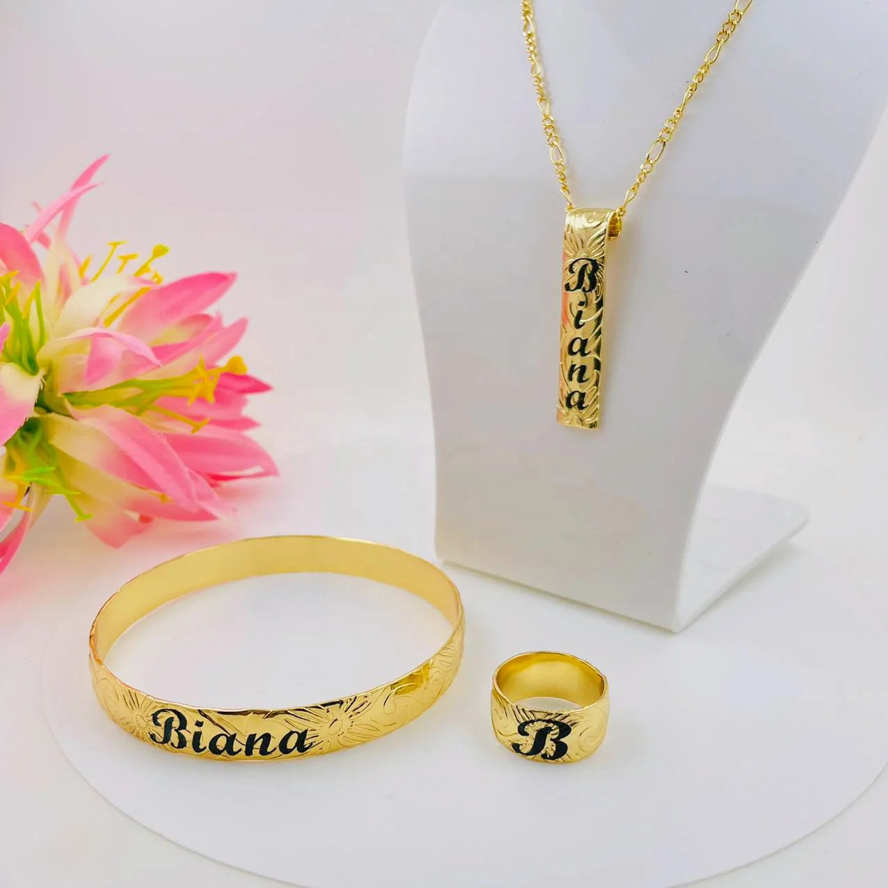 JX242 Customize Name Ring Initial Vertical Necklace Bracelet Set Hawaiian Samoa Jewelry Wholesale Personalized Birthday Gift