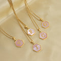Sweet Friendship Geometric Hexagon Stainless Steel 26 Letter A-Z Alphabet Initial Pink Blue Natural Shell Necklace for Women Men