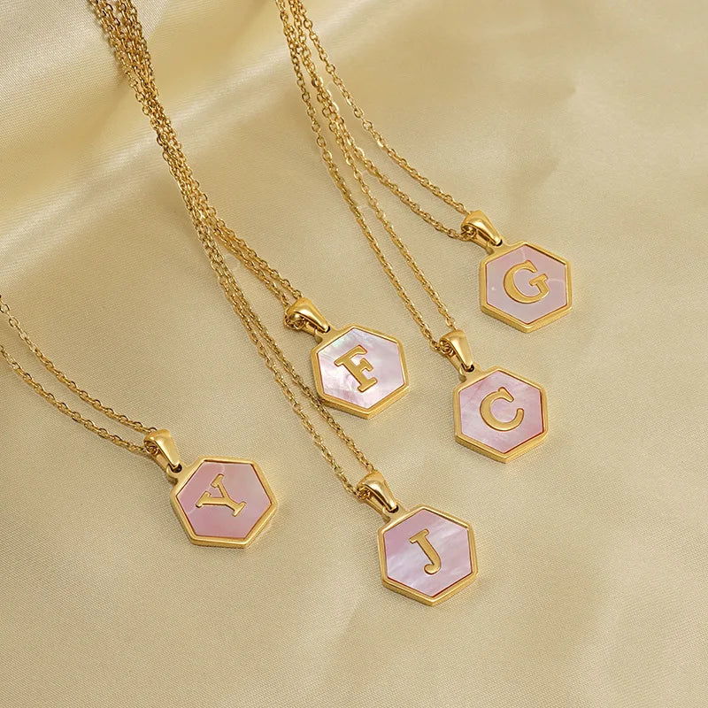Sweet Friendship Geometric Hexagon Stainless Steel 26 Letter A-Z Alphabet Initial Pink Blue Natural Shell Necklace for Women Men