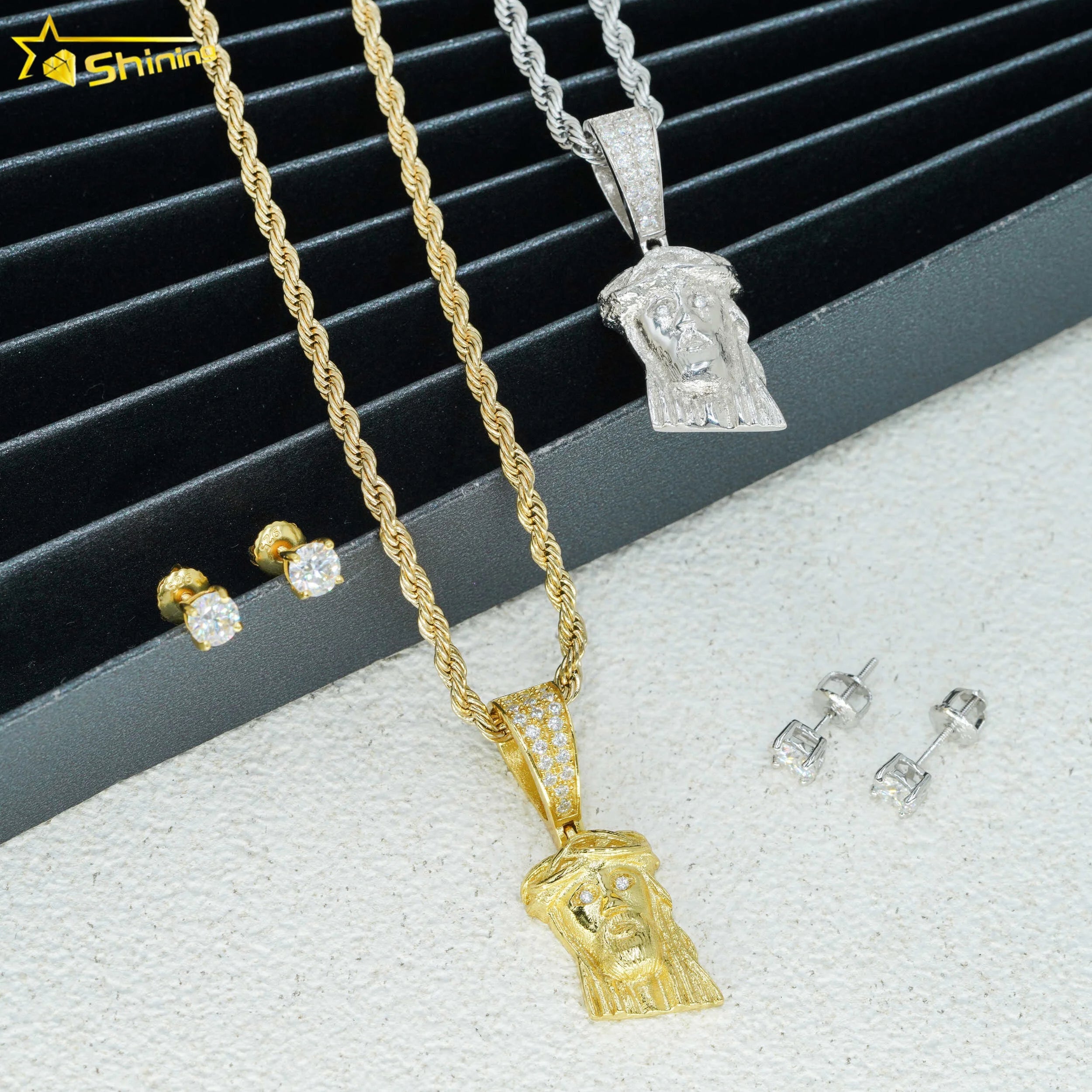 Shining Jewelry Dropshipping 925 Sterling Silver VVS Moissanite Jesus Pendant With Free Rope Chain Diamond Earring Jewelry Set