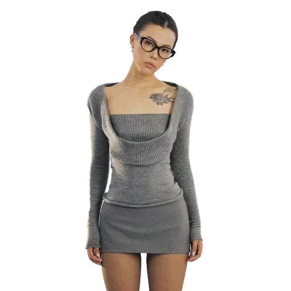 Spring and Autumn Vintage Knitted Pullover Square Neck Low Cut Slim Knitted Sweater Top Knitted Pullover for Women