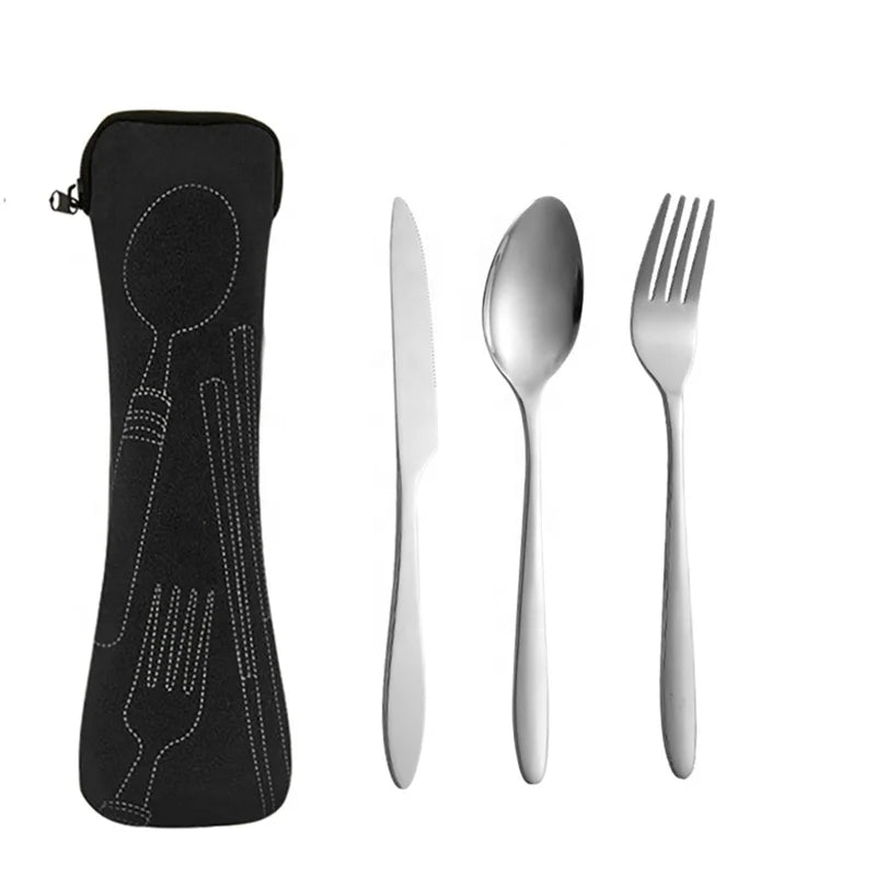 3pcs Set Outdoor Portable Knife Spoon Fork Flatware Sets with BagPortable Tableware Suite Cutlery Set for Camping Student