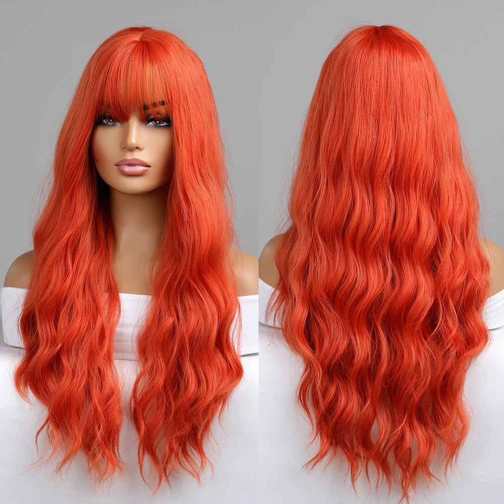 Wigs Vendors 26 Inches Synthetic Long Water Wave Hair Wig Natural Dark Red Wig With Bangs for Women Cosplay Heat Resistant Fiber