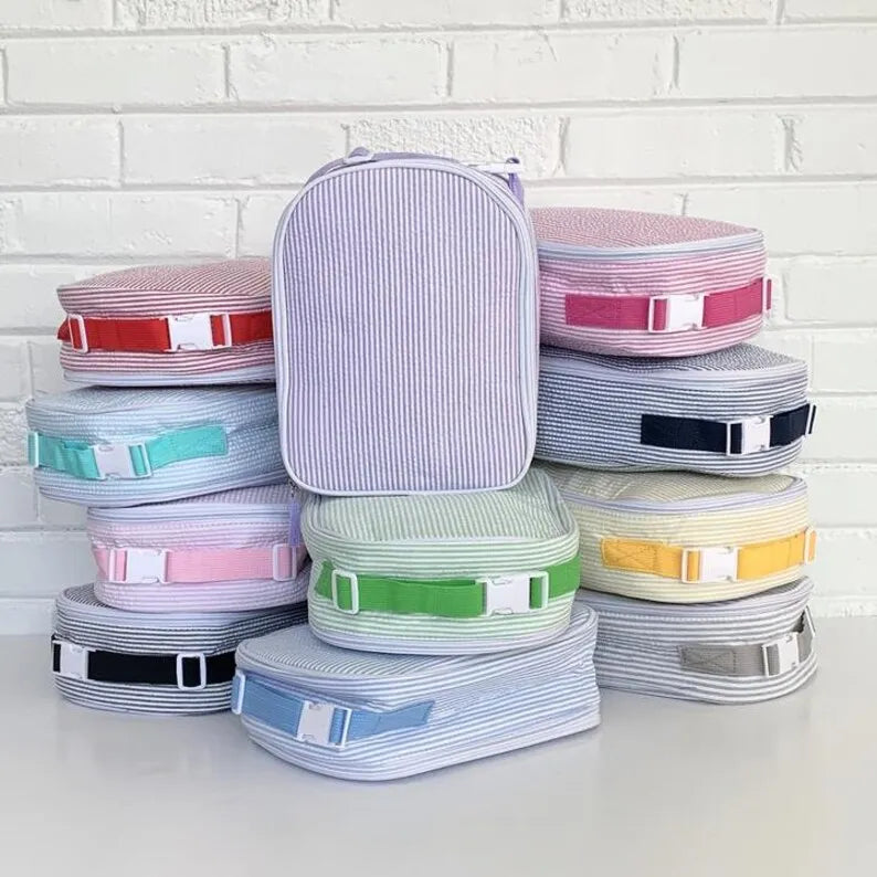 Monogrammed Seersucker Lunch Box Kids Back to School Tote Bag Cooler Seersucker Insulated Lunch Bag