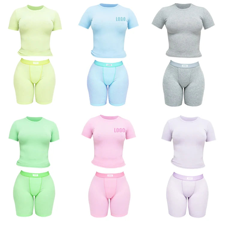 Women Set Custom Logo Loungewear Cotton Ribbed Outfits Short Sleeve With Shorts Two Pieces Women 2 Pc Sets