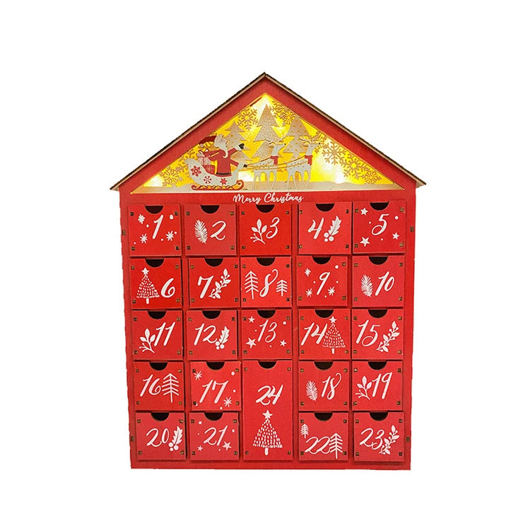 Hot Sale Red House Christmas Advent Calendar Large Sleigh Shape Boxwood Material Gift Box