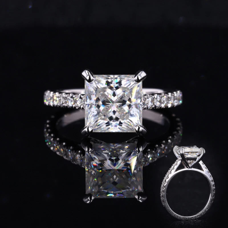 Stargems 18K White Gold Pave Set Engagement Ring 1 Carat Princess Cut Moissanite Gemstone Ring