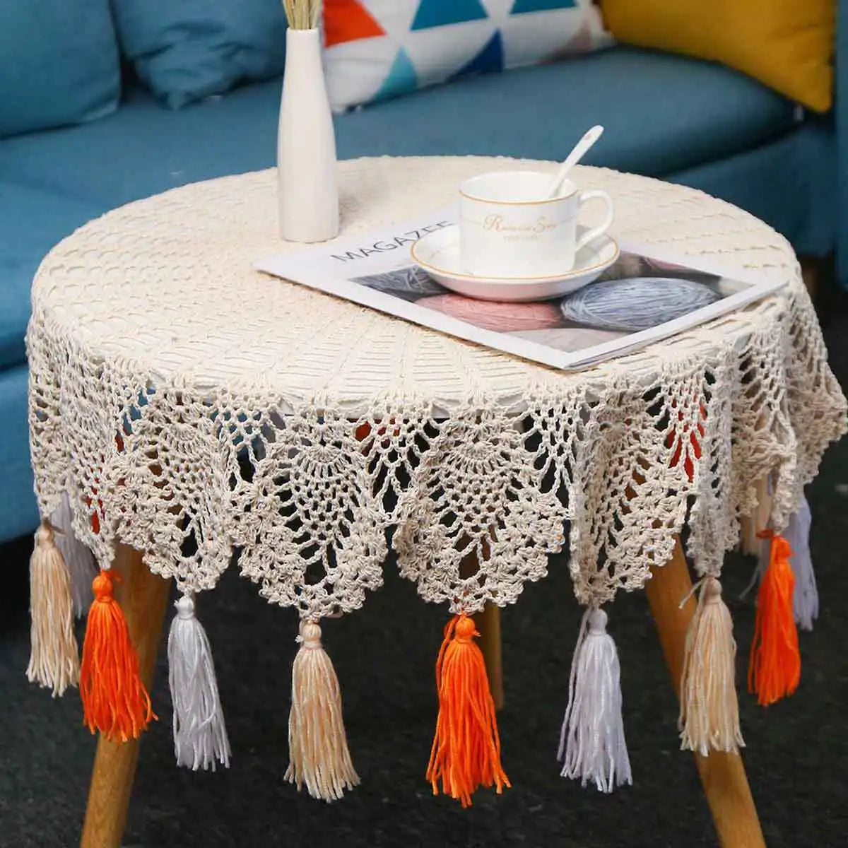 Y-Z Nordic Tassel Boho Floral Lace Crochet Tablecloth Macrame Fringe Tablecloth for Christmas Dining Wedding Wall Hanging