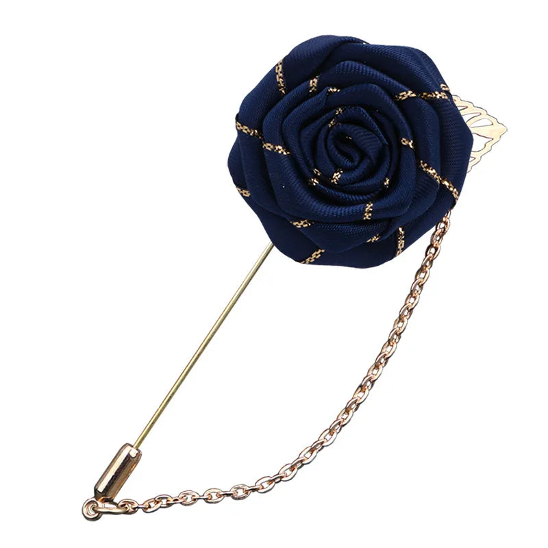 Korean Safty Pin Groomsman Rose Male Jewelry Men Fabric Chain Flower Camellia Chain Suit Lapel Needle Brooches Pin
