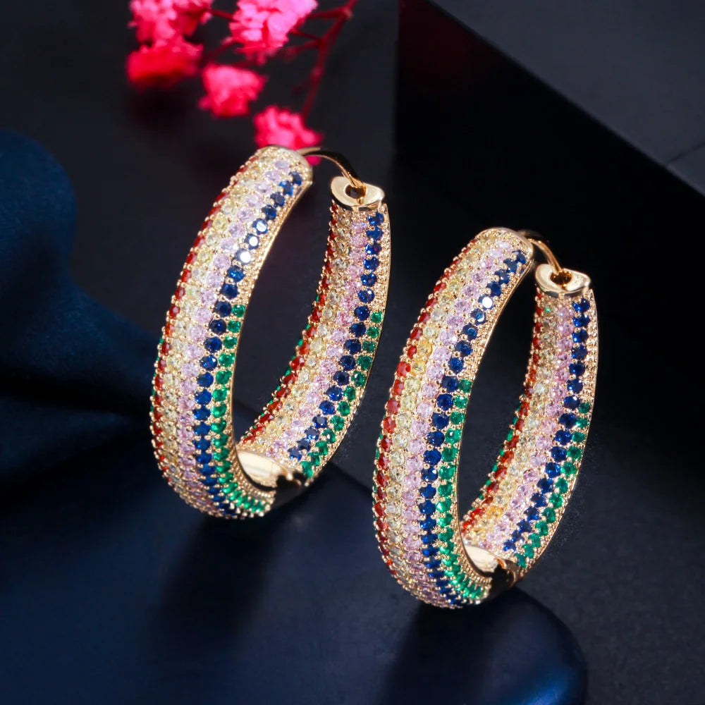 Ladies Big Chunky Multicolor Cubic Zirconia Micro Paved Round Thick Hoop Earrings for Women Wedding Party Shiny CZ Brass Jewelry