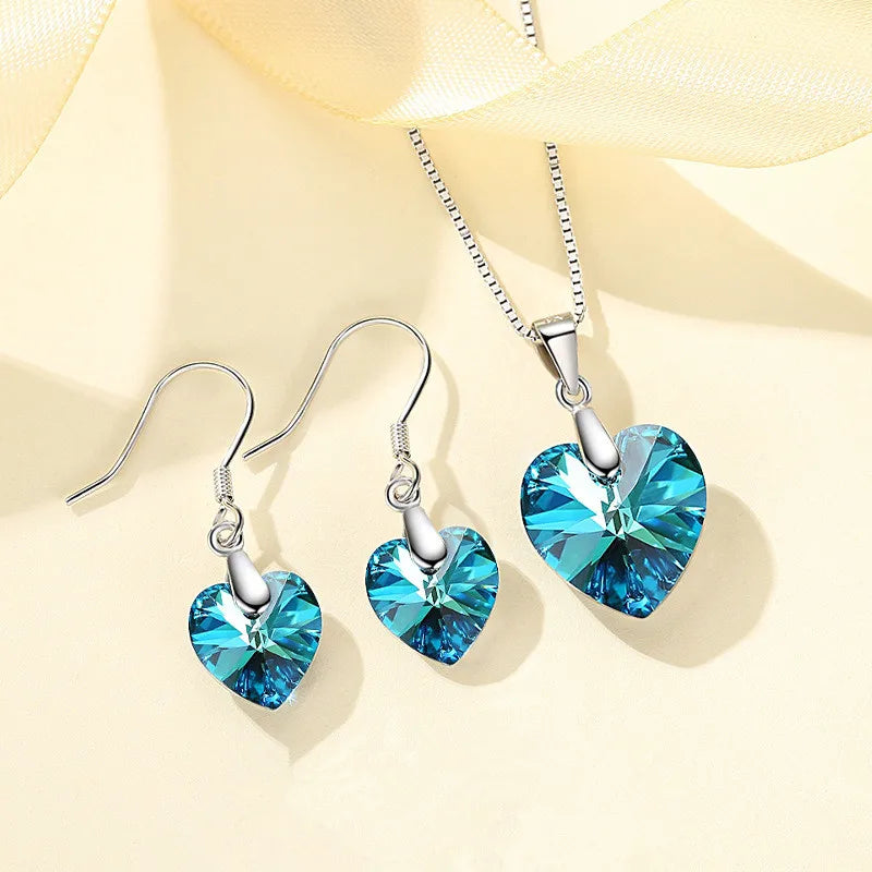 2023 Newest S925 Sterling Silver Blue Heart Hook Earrings Female Dainty Heart Shape Hook Earrings and Necklace for Women Girls