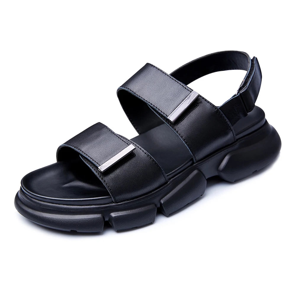 Men's Summer Casual Genuine Leather Sandals Trendy Outdoor Sports Beach Shoes for Velcro Fastening Waterproof Slip-Resistant