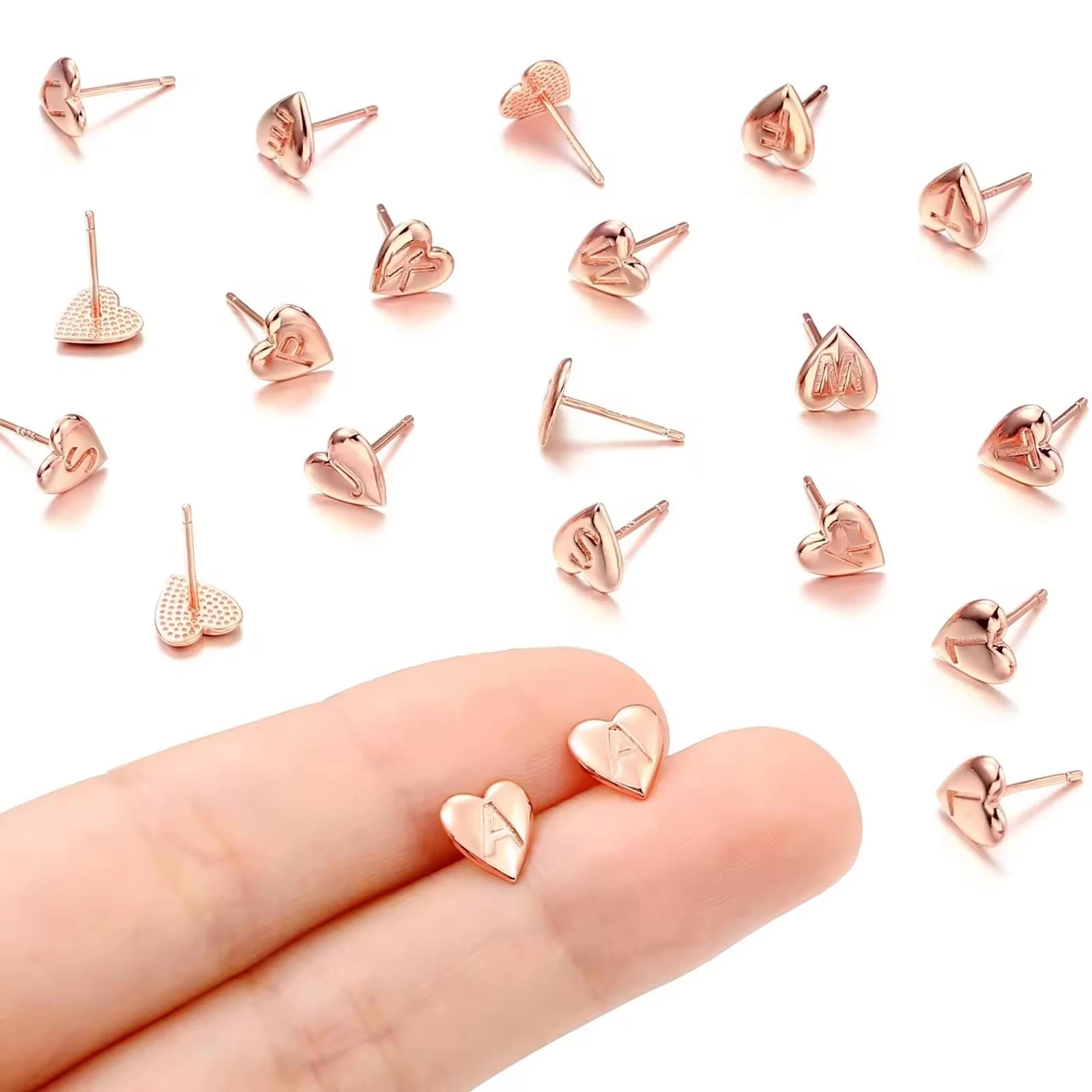 S925 Sterling Silver Rose Gold Plated Letter Initial Heart Stud Earrings for Children