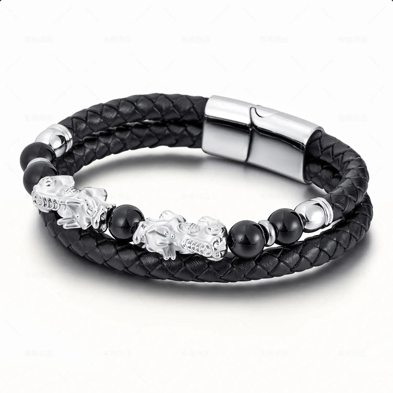 New Braided Leather Bead Stainless Steel Pixiu Bracelet Men'S Stainless Steel Bracelet