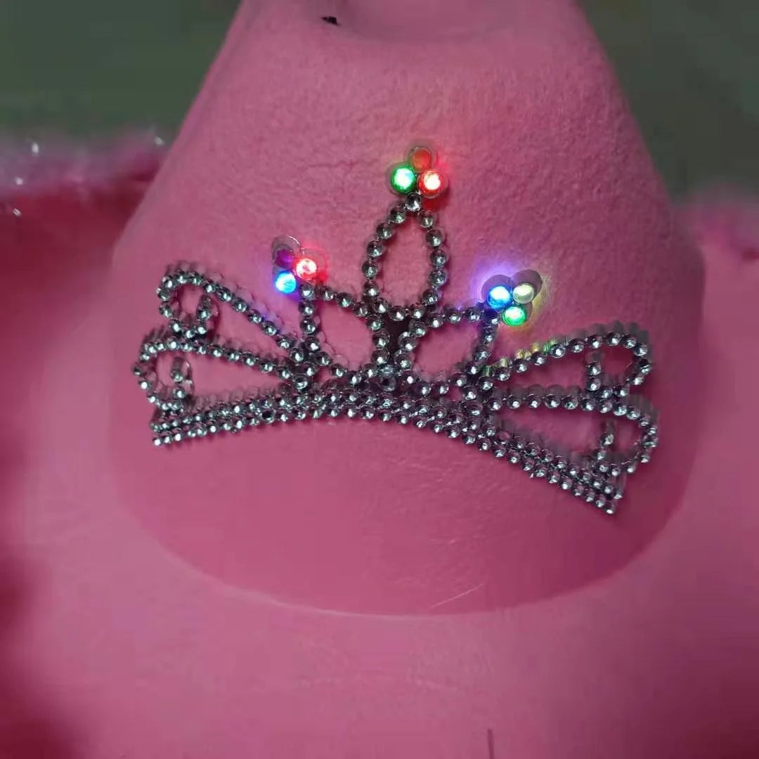 Wholesale CR Brand Printed Letterpress Printing Pink Wool Felt Adult Western Style LED Light Cowgirl Hat Tiara Crown Parties