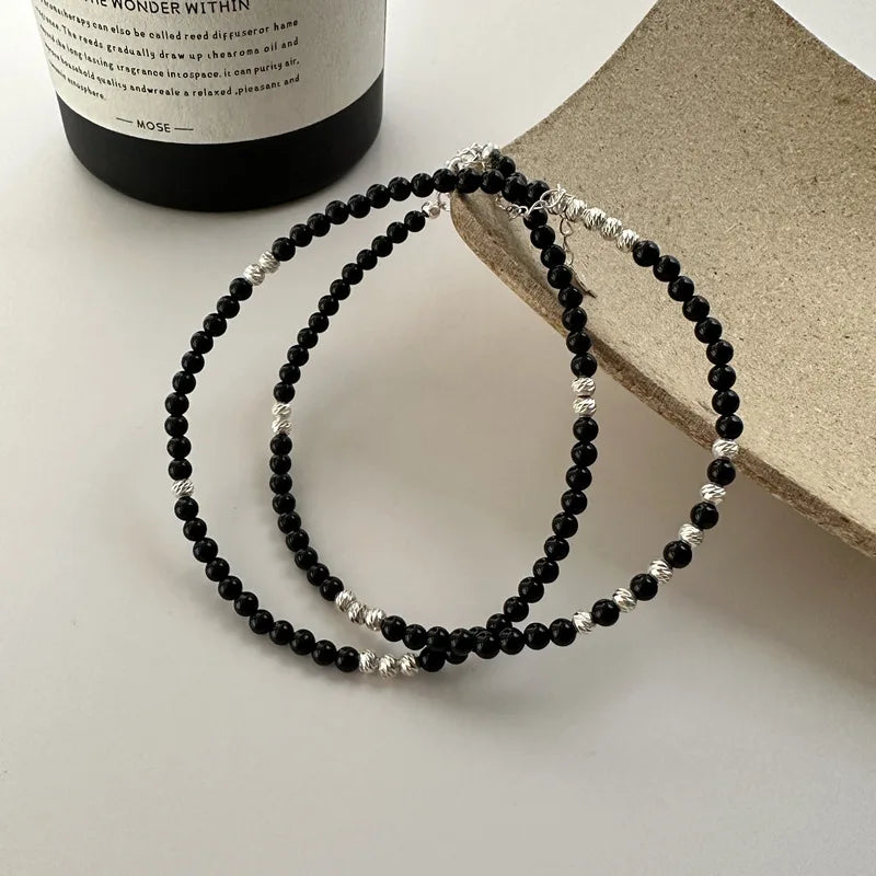 100% Real 925 Sterling Silver Handmade Black Agate Silver Beads Beaded Necklaces Women Fine Jewelry