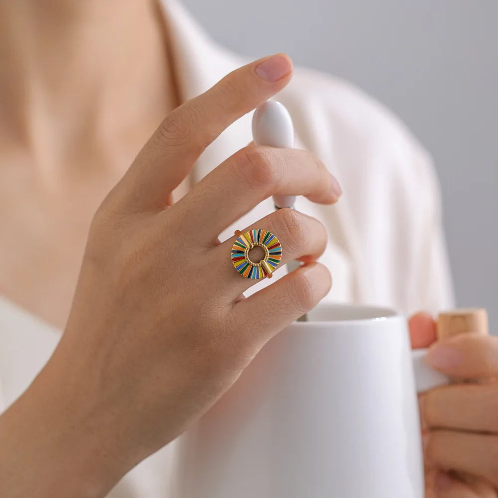 Beimai OEM Ring Sweet Princess Style Colorful Oil Drop Sun Open Ring