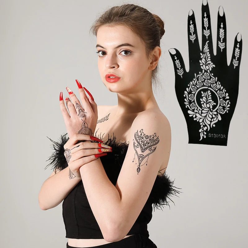 Custom Beauty Henna Stencils Temporary Tattoo Reusable Black Waterproof DIY One Hand India Henna Mehndi Fake Tattoo Stickers