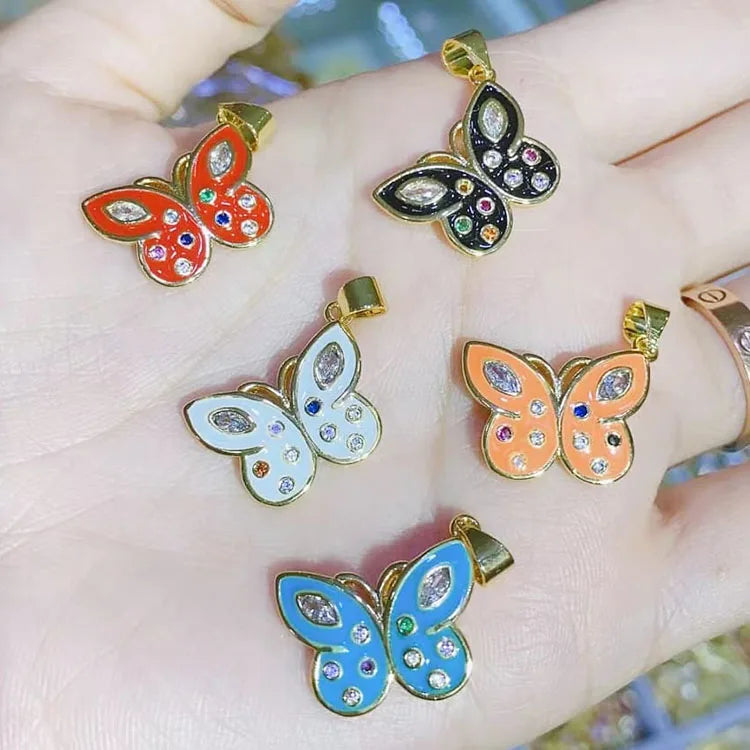 CZ8455 18k Gold Plated Rainbow Enamel Multicolor CZ Zircon Micro Pave Butterfly Charm Pendant for Necklace Jewelry Making