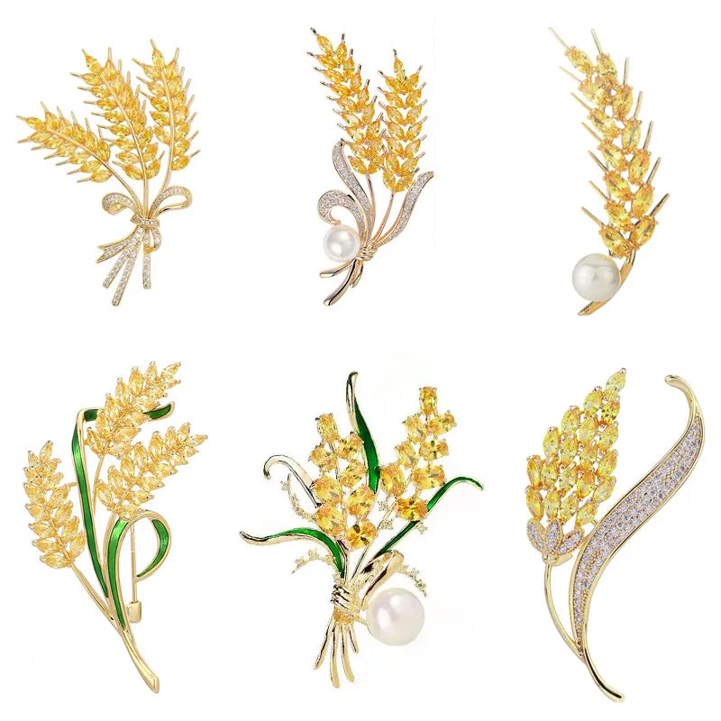 Jachon Gold Leaf Crystal Flower Wheat Brooches Pins for Women Girls Fashion Rhinestone Pearl Brooch Shawl Corsage Pins Jewelry