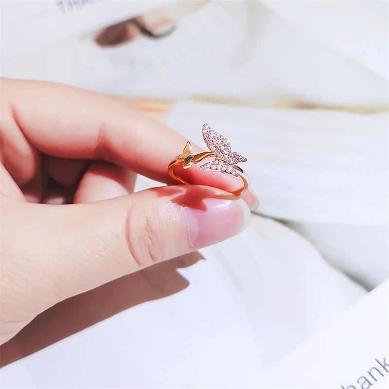 Rose Gold Adjustable Crystal Butterfly Rings for Women