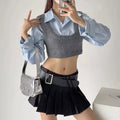 Modern Style Fashion Slim Sexy Crop Shirt Knitted Vest Two Piece Sets Casual Tops Women