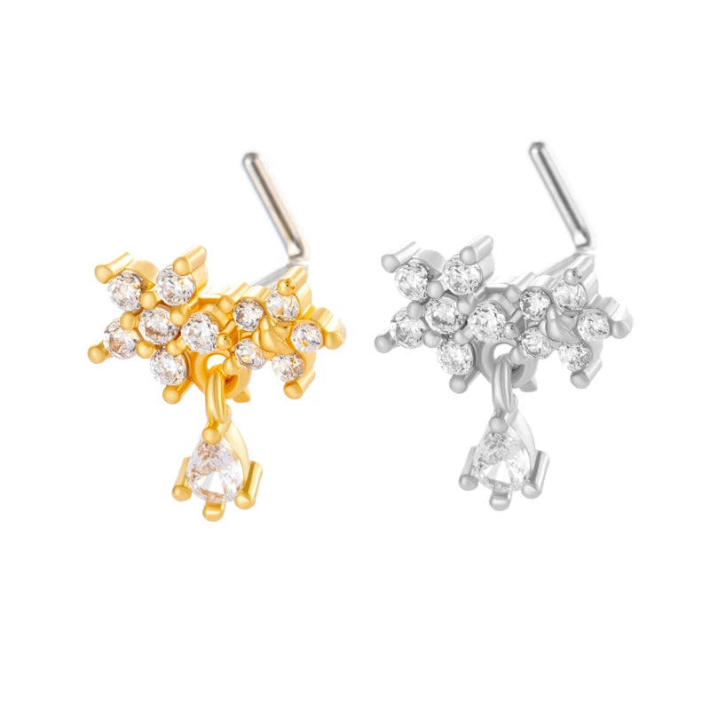HENGSEN Stainless Steel L Stick Nose Piercing Jewelry Cz Double Flower With Water Drop Dangle Nose Stud for Women 243-8-L