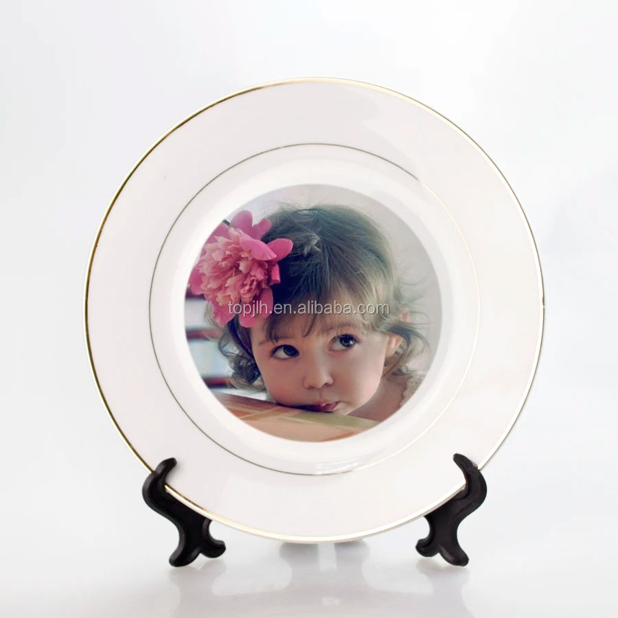 Topjlh Sublimation Luxury Ceramic Plate Gold Rim Sublimation Logo Print for Restaurant Dinner White Blank Plates for Mothers Day