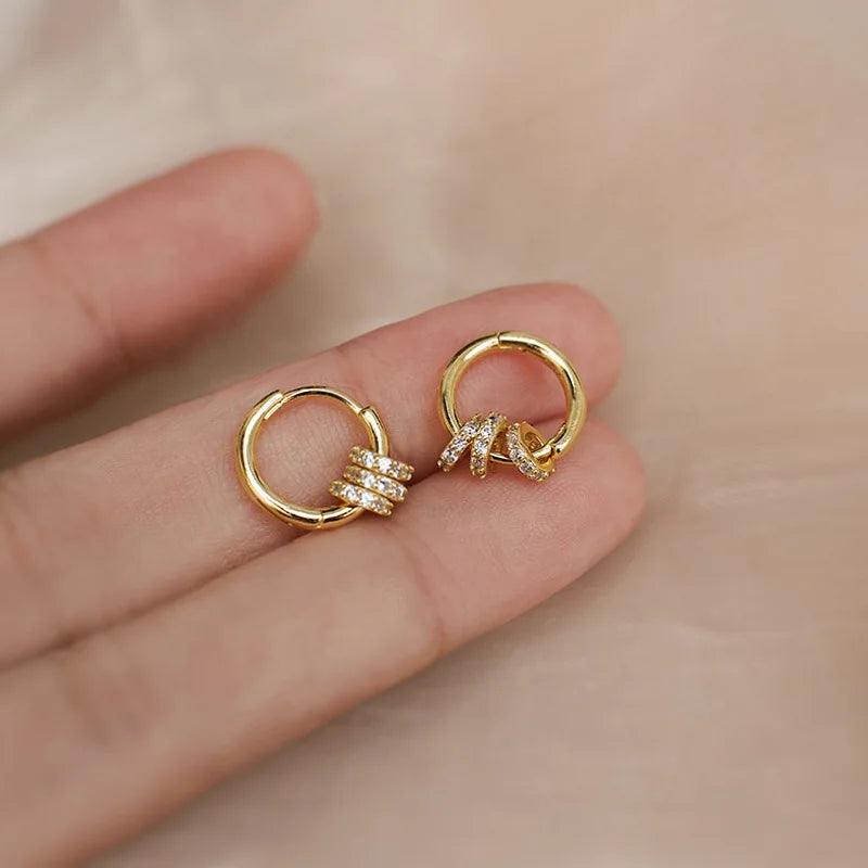 Fine Jewelry 3 Circles 18K Gold Plated Pure 925 Sterling Silver CZ Zircon Small Hoop Earrings for Women Girls
