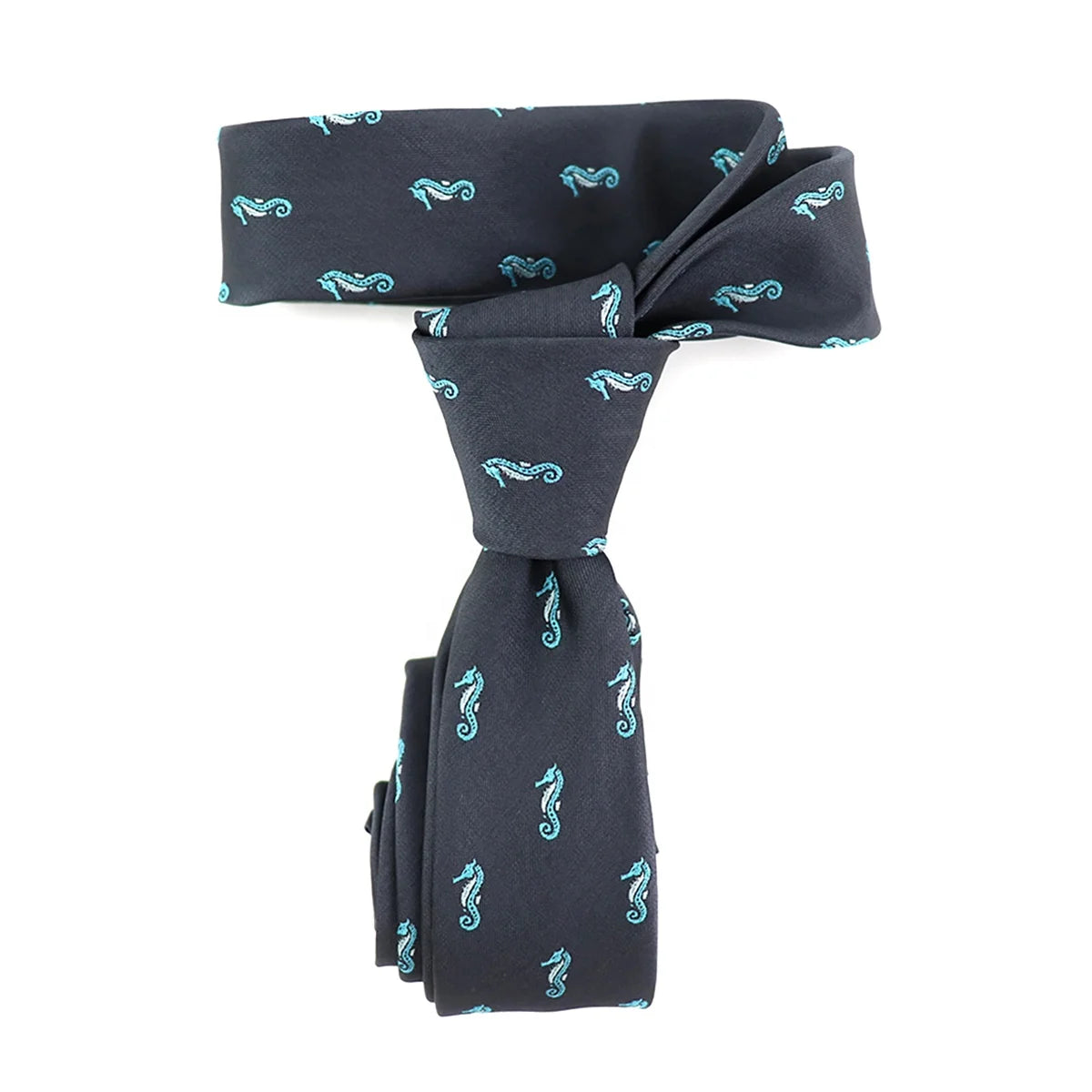 China Wholesale Mens Ties Hand Made Vintage Fab Fashion Polyester Woven Gary Teal White Custom Animal Sea Horse Necktie Fish