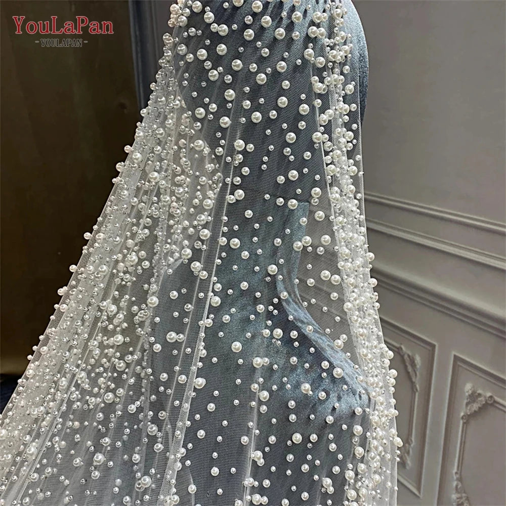 YouLaPan V139A Luxury New Design High End Beaded Bridal Veil White Cream White 3/4/5M Cathedral Long Wedding Pearls Veil