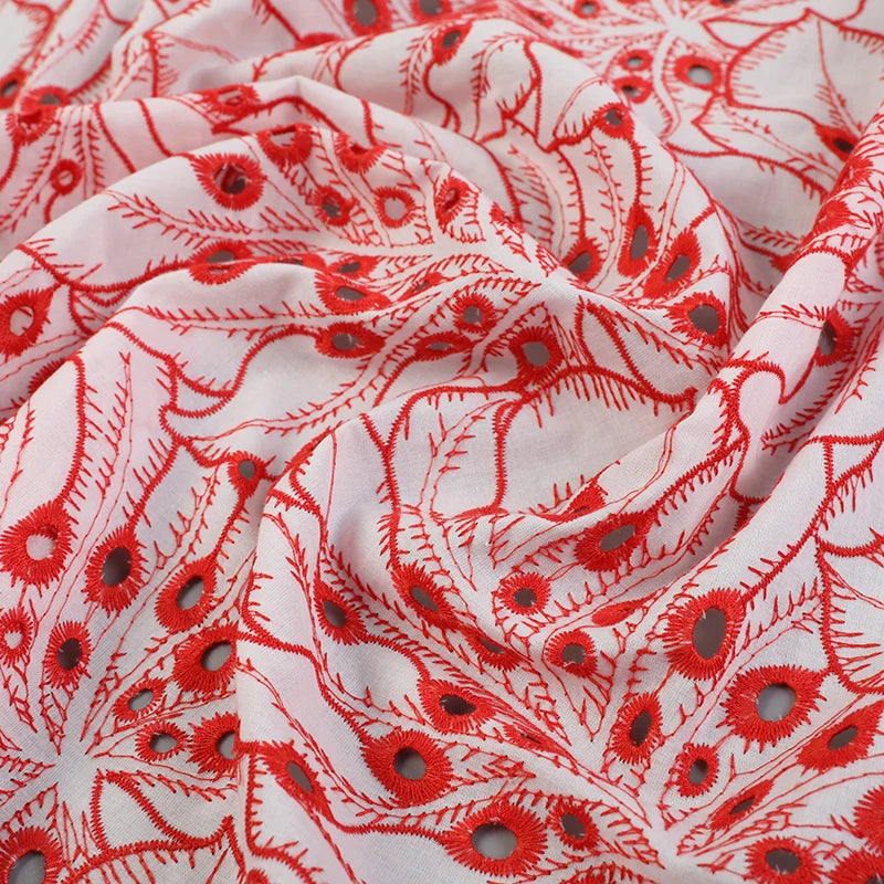 Modern 100% Cotton Eyelet Fabric White Customized Design All Over Embroidered for Home Textile Wedding Decorate Knitted Technics