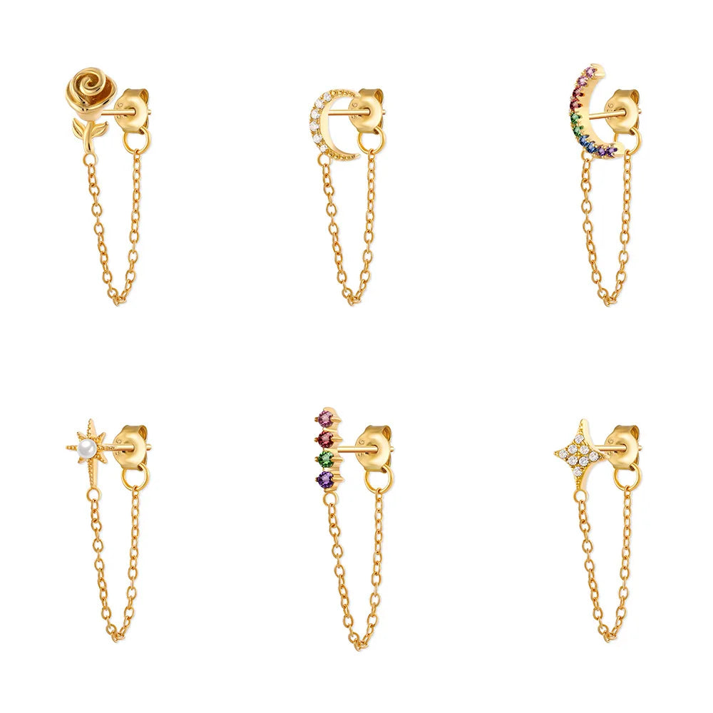 Trend Fashion S925 Sterling Silver Single Earrings for Women Micro CZ Diamond Geometric Moon Star Tassel Earrings