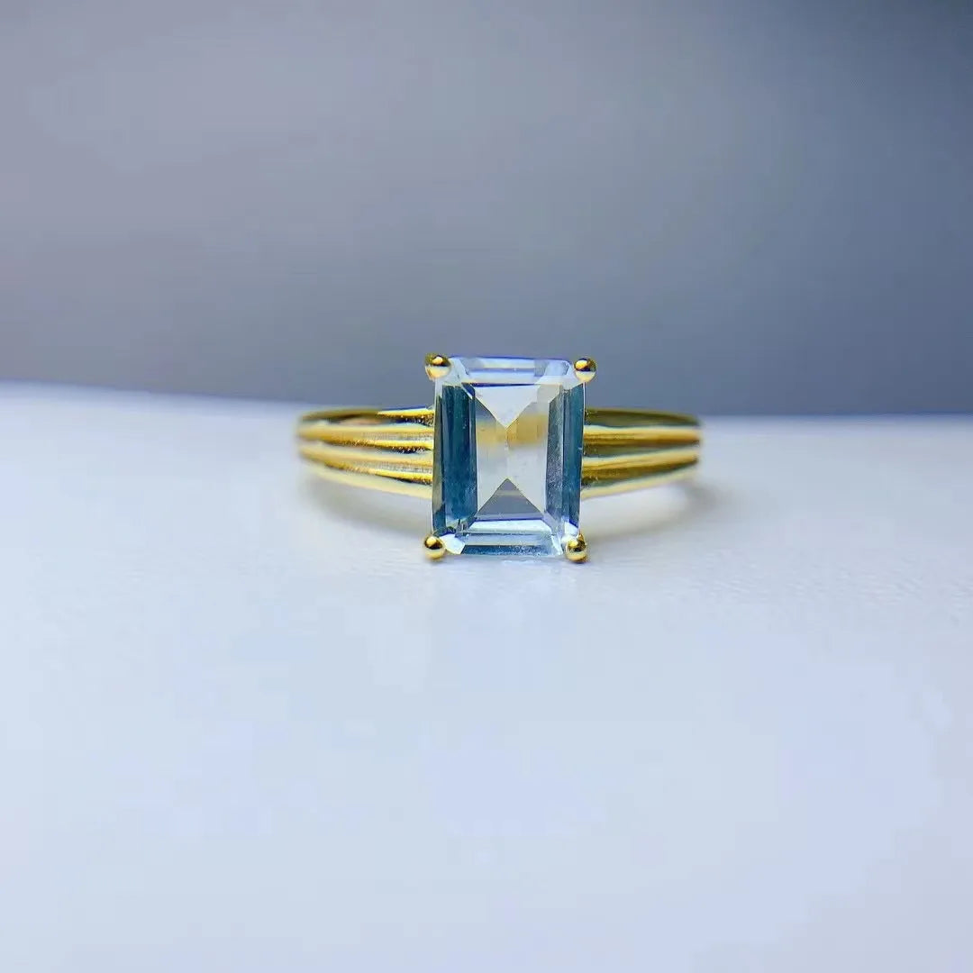 925 Sterling Silver Name Bands Classic Gold-Plated Natural Aquamarine Jewelry Rings for Women Emerald Cut Good Price Wedding