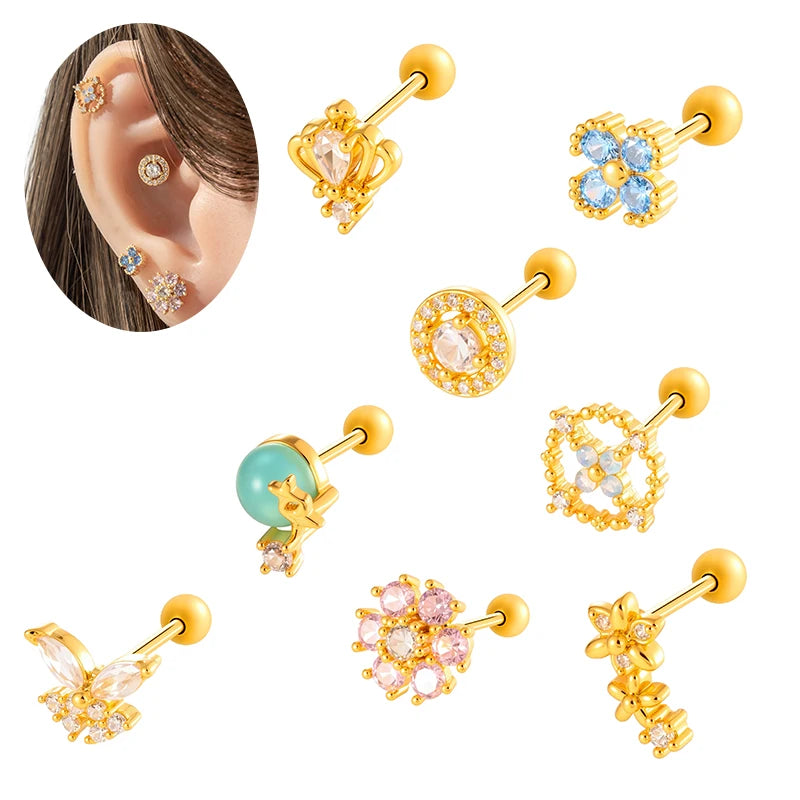 Hengsen Multicolor CZ Flower Butterfly Cartilage Earring Stud Surgical Steel Earrings Helix Tragus Piercing Jewelry for Women
