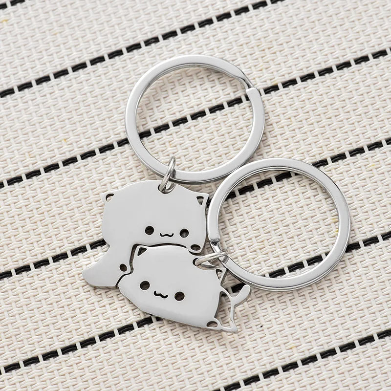 Fashion Valentine's Day Lovers Gift Stainless Steel Cute Matching Hug Cat Couple Keychain