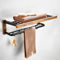 Bathroom Folding Towel Rack Walnut and Space Aluminum Towel Holder With Hooks