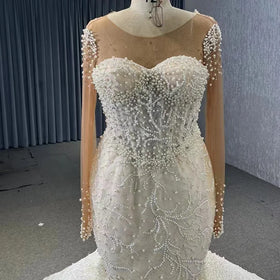 Jancember 231102-1 Boho Pearls Long Sleeve Mermaid Wedding Party Dresses