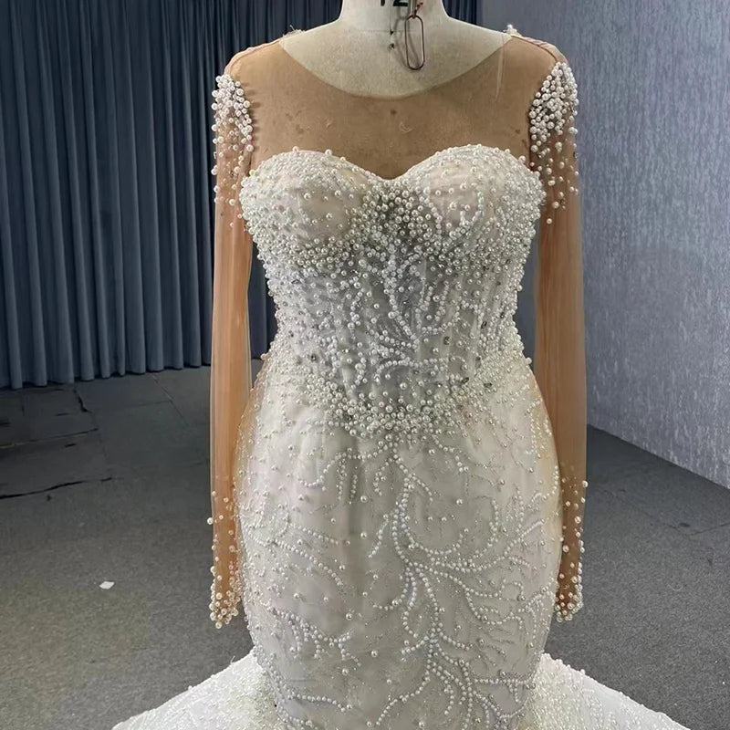 Jancember 231102-1 Boho Pearls Long Sleeve Mermaid Wedding Party Dresses