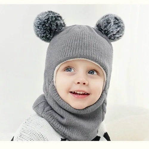 Winter Kids Baby Infant Toddler Knit Pom Pom Ear Ski Beanie Hats With Scarf and Face Cover Mask