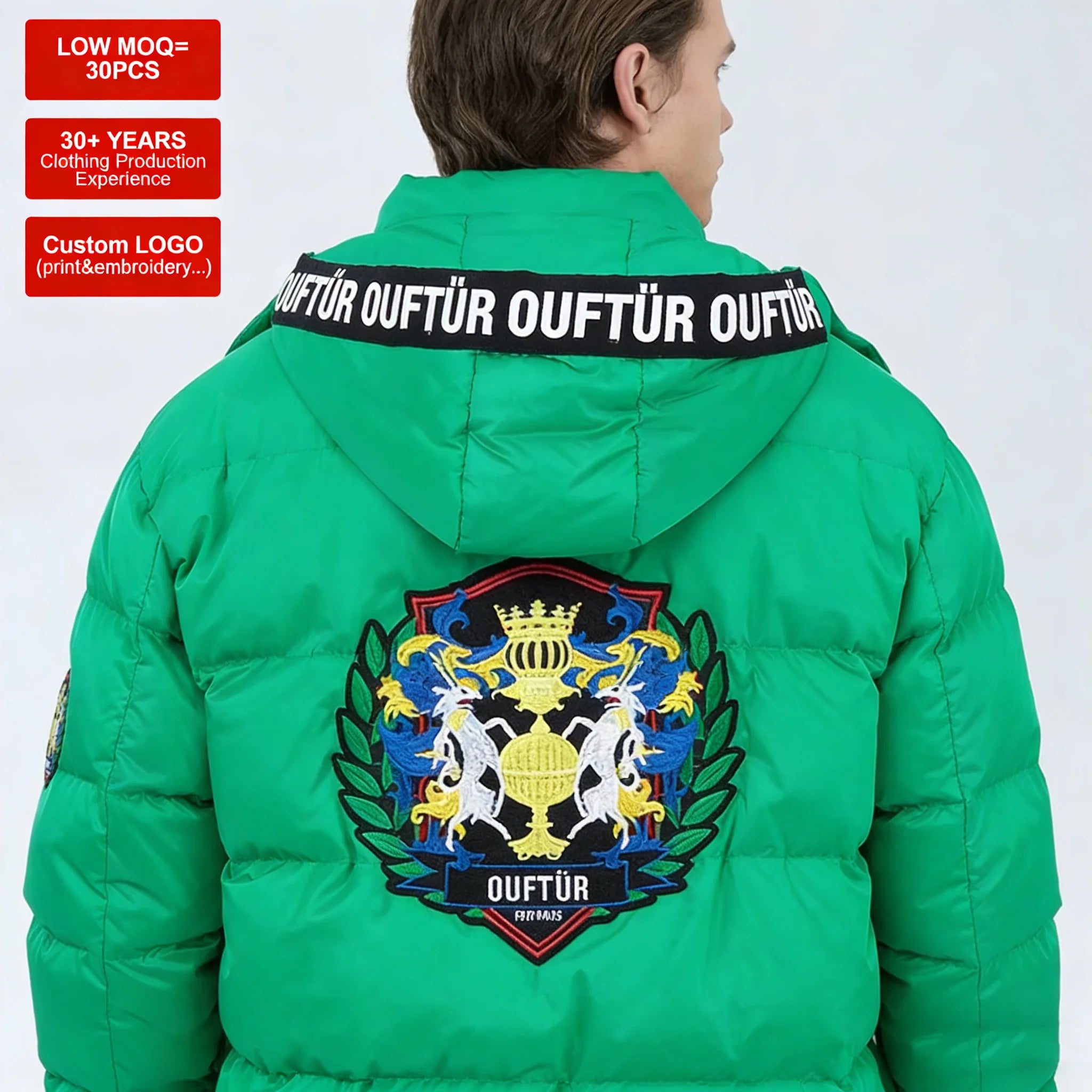 Mens Winter Puffer Jacket With Embroidery Logo Green Hooded Down Coat Warm Thickened Custom Logo Low MOQ Wholesale