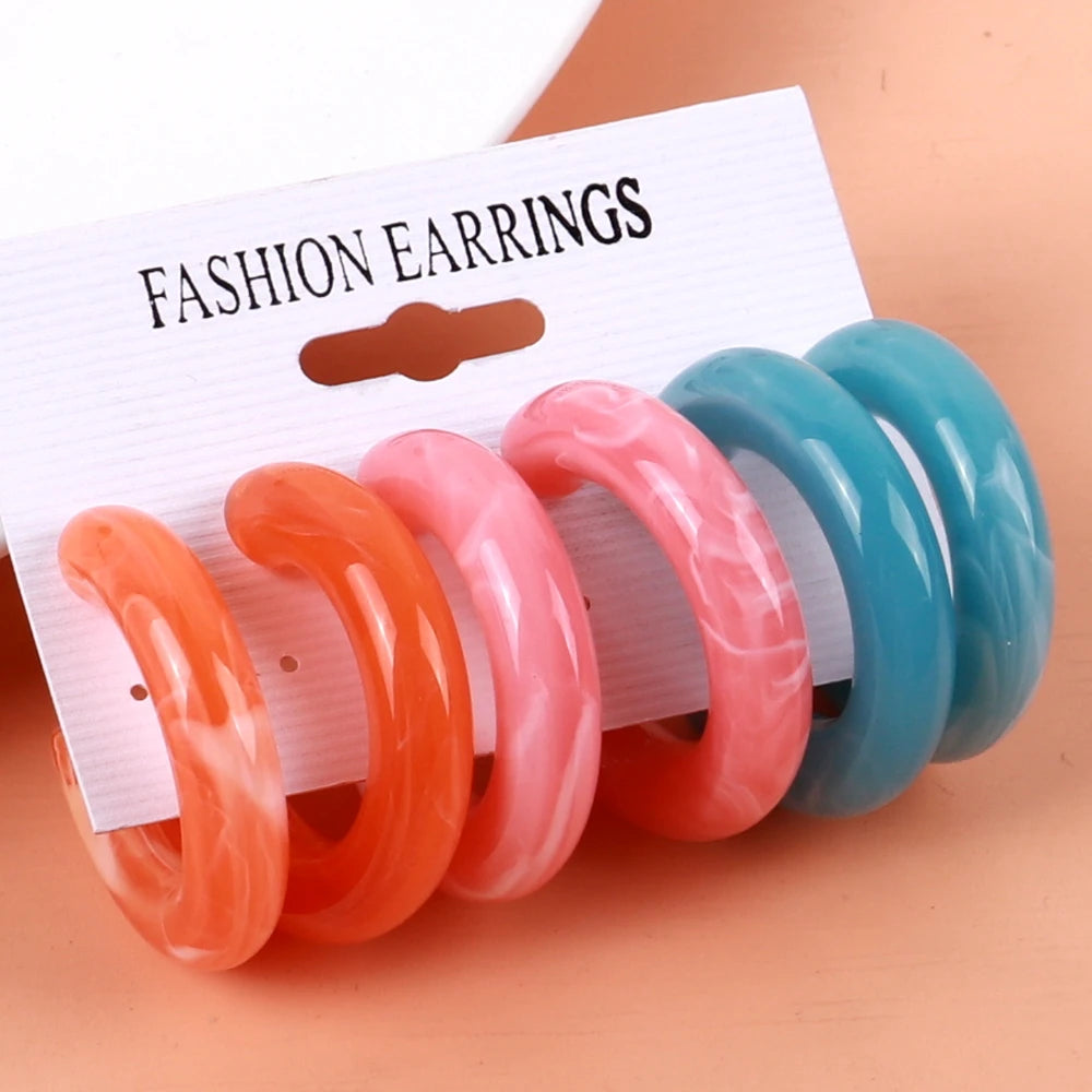 Trendy Colorful Cc Earrings Marble Solid Color Glass Crystal Jewelry 3pairs/set Ornaments Acrylic Hoop Earrings for Women