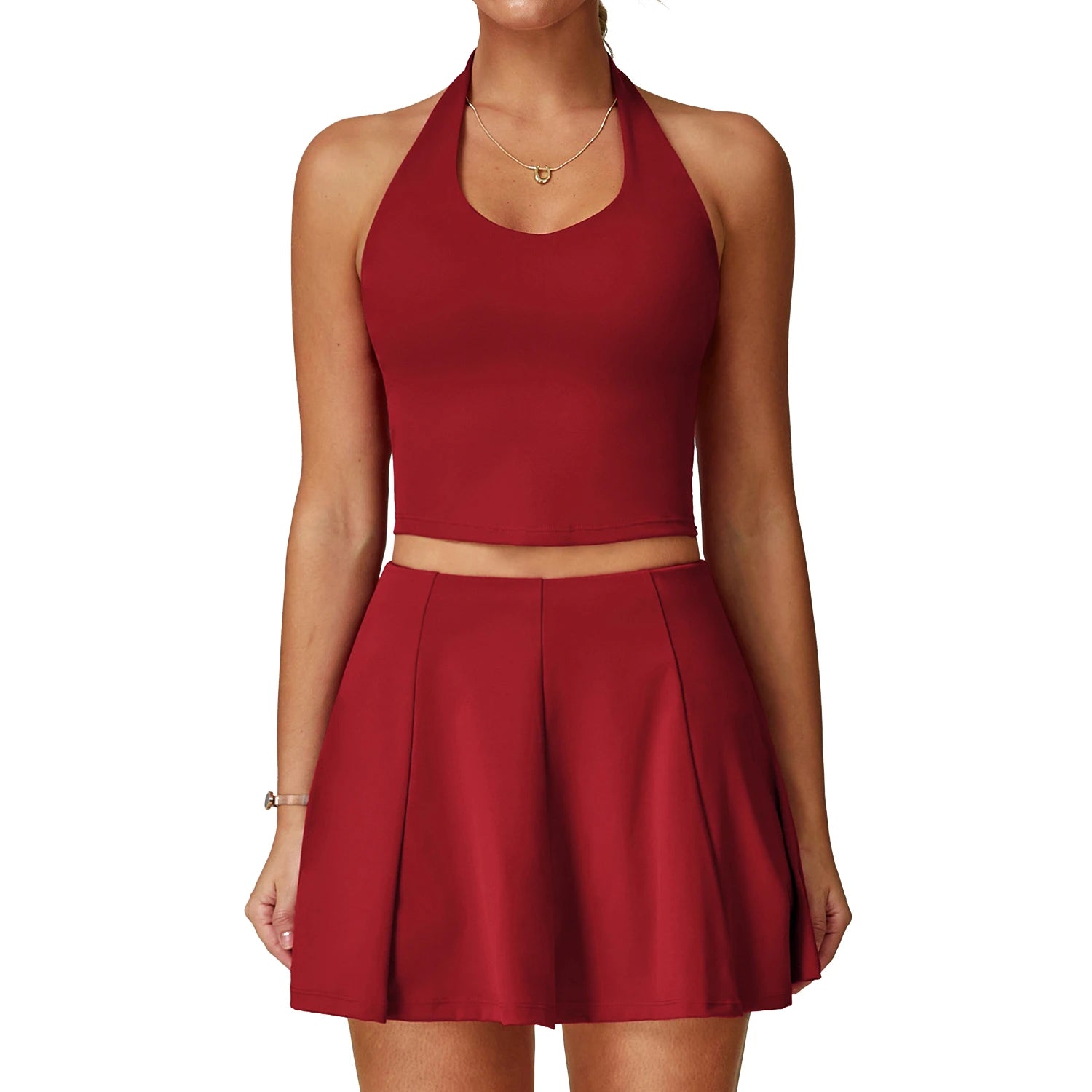 Women's Outdoor Quick Dry Tennis Wear Set Soft Stretchy Halter Neck Skirt and Tank Tops