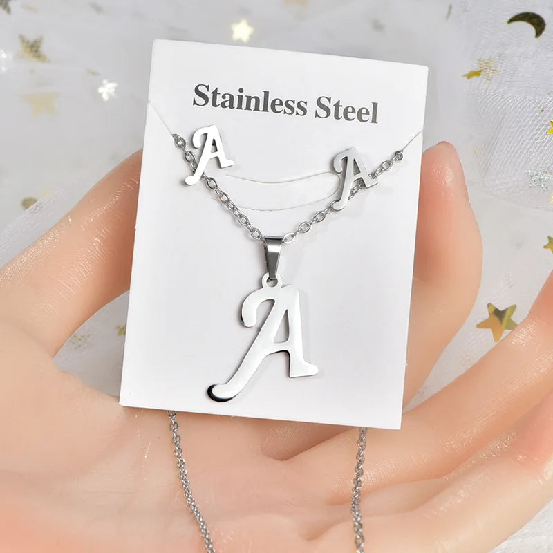 2pcs Unisex Fine Silver/Gold Jewelry Set Stainless Steel 26 Letter Pendants Necklace Earrings Unique Unisex Accessories