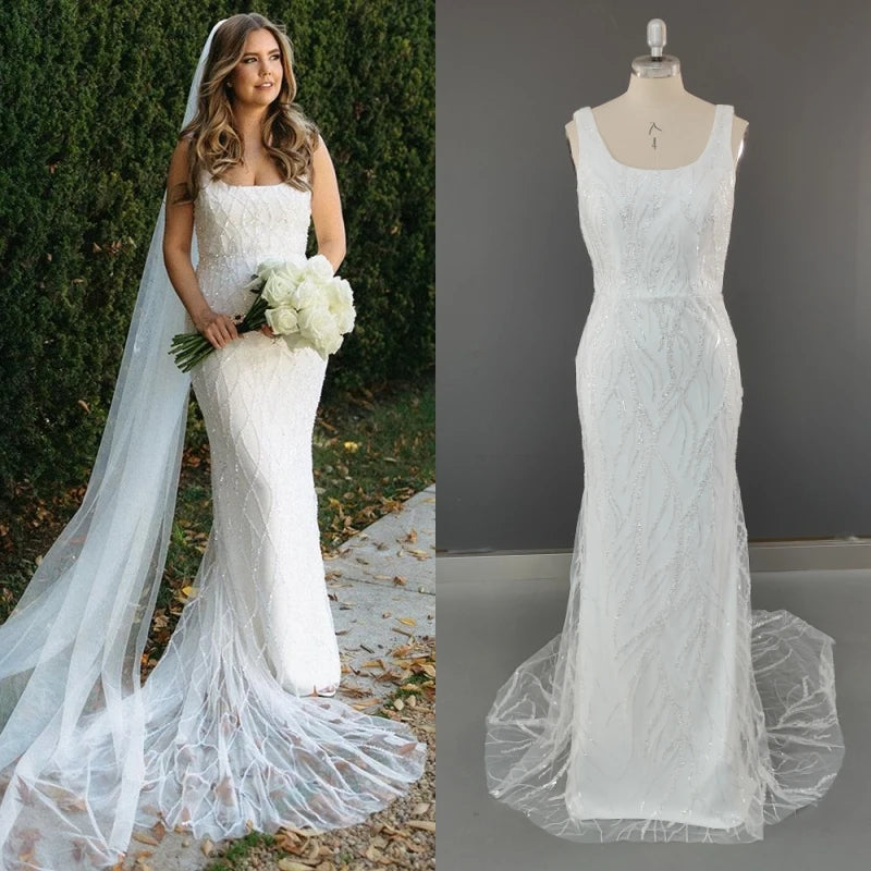 8703# Real Photos Shiny Sequins Spaghetti Straps Low Back Mermaid Wedding Dress Bridal Gown for Women Weddomg Gown