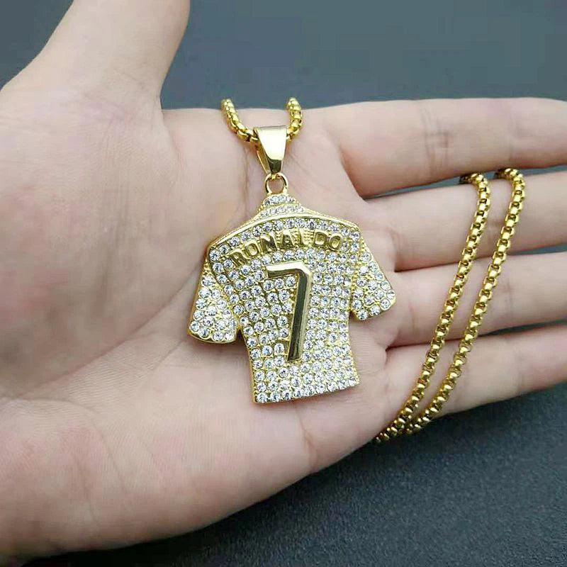 New Stainless Steel Rhinestone Diamond Gold Plated Ronaldo Jersey 7 Number Pendant Necklace for Men Box Chain Collar