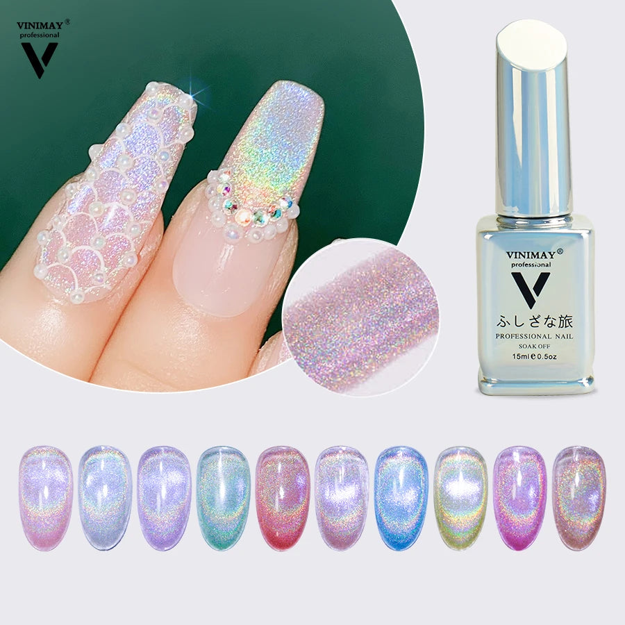 VINIMAY Hot Selling Laser Rainbow Crystal Glass Cat Eye Gel Polish 15ml 10Colors Super Shine Cat Eye Gel for OEM Wholesale